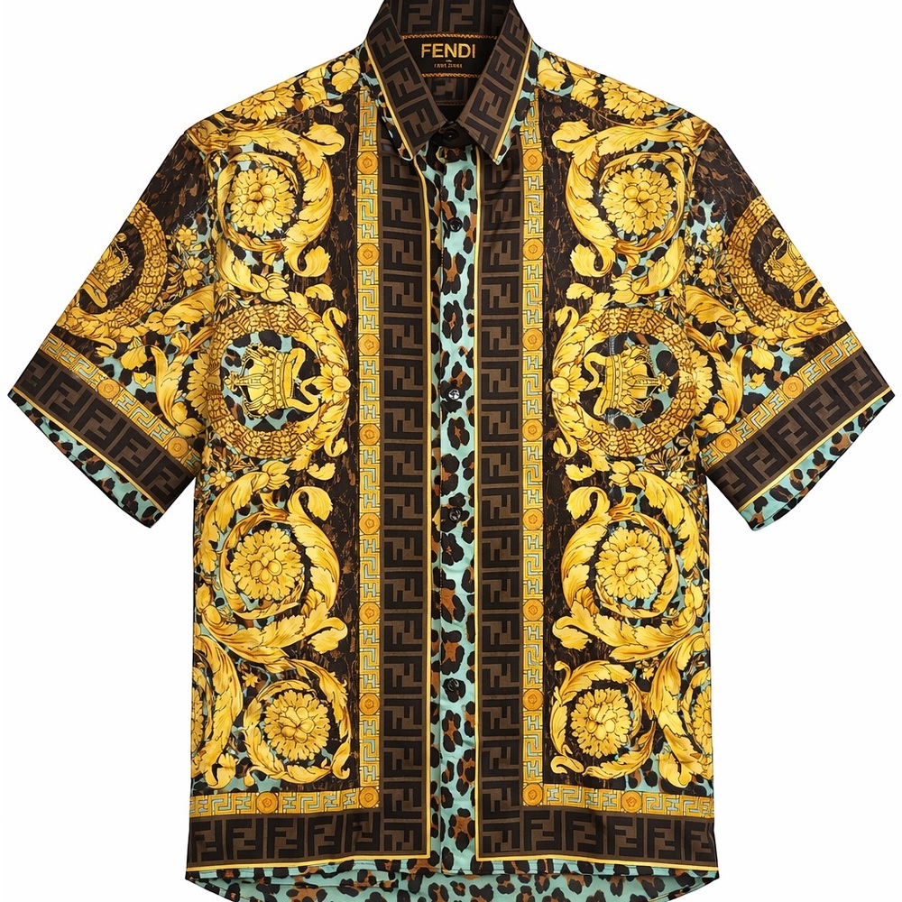 Fendi x Versace Men's Baroque Print Shirt - Brown and Gold